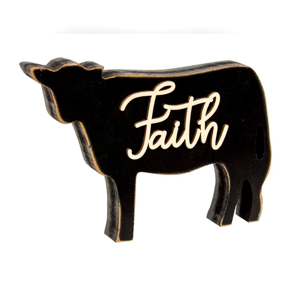 *Faith Distressed Black Cow Farmhouse Shelf Sitter